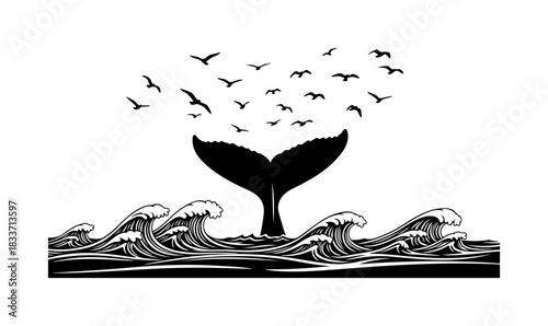Whale Tail and Birds Over Ocean Waves