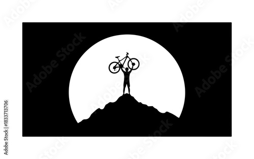 Triumphant Cyclist on Mountain Peak Silhouette