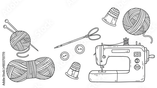 Hand-drawn doodle set of sewing and knitting supplies, including a sewing machine, balls of yarn, needles, scissors, and thimbles.