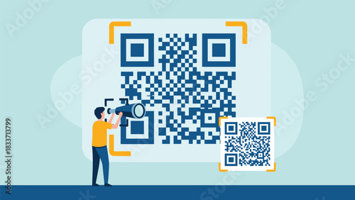 Modern flat illustration of a person using a tool to scan a large QR code for information or payment access.