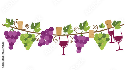 Decorative wine-themed garland with purple and green grapes, corks, and wine glasses, perfect for menu or event borders.