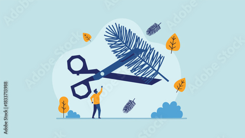 Conceptual flat vector illustration of a man using large scissors to trim a feather, symbolizing editing, reduction, or downsizing.