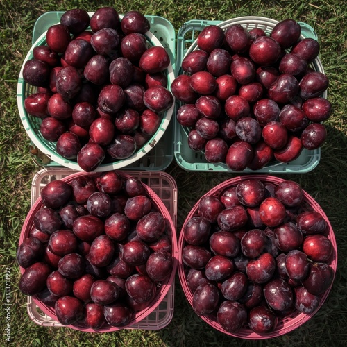 Four baskets of fresh ripe red plums on a grassy background