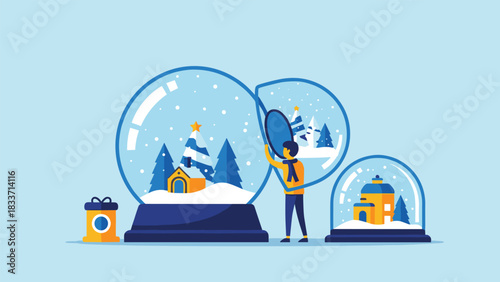 Conceptual flat illustration of a person opening a large snow globe, symbolizing creating or exploring winter magic and memories.