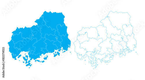 Clean blue outline and filled vector map of Hiroshima Prefecture Japan with sub-districts