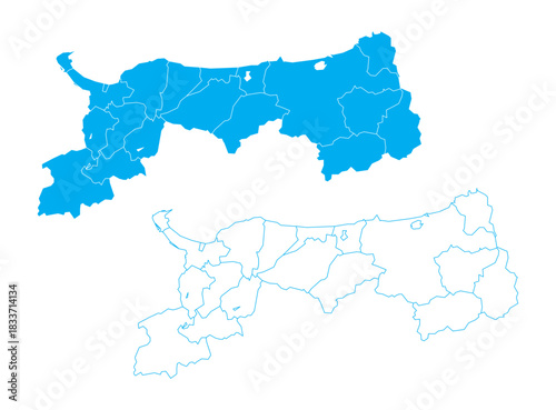 Clean blue outline and filled vector map of Tottori Prefecture Japan with sub-districts