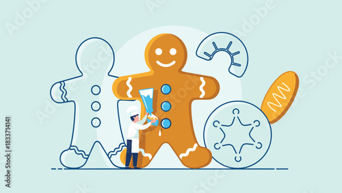 Tiny baker in a chef hat decorating a giant gingerbread man cookie for the Christmas holiday season in a flat vector illustration style.
