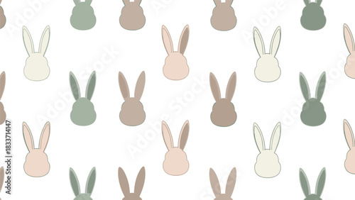 Adorable seamless pattern featuring repeating Easter bunny heads in soft, muted pastel earth tones on a clean white background.