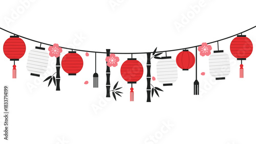 Decorative garland with traditional Japanese elements, including red and white paper lanterns, bamboo, and pink cherry blossoms.
