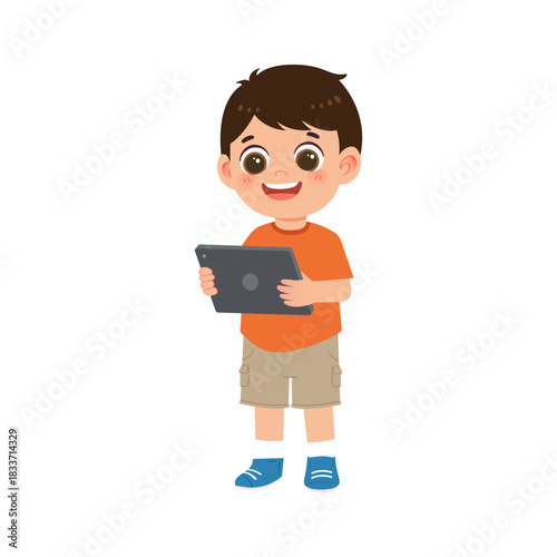 boy interacting with tablet with excited expression for educational activity