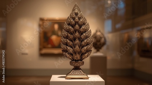 Ornate antique sculpture displayed in a museum gallery with artwork in the background