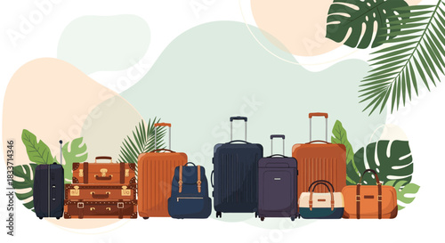 A collection of diverse travel luggage, featuring suitcases, a backpack, and duffel bags, set against tropical leaves and abstract shapes.