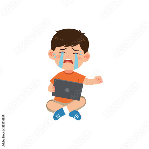 boy crying while holding tablet after losing game