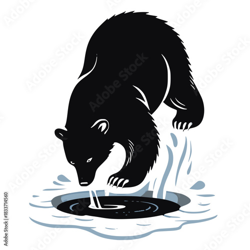 Bold Black Polar Bear Diving into Ice Hole