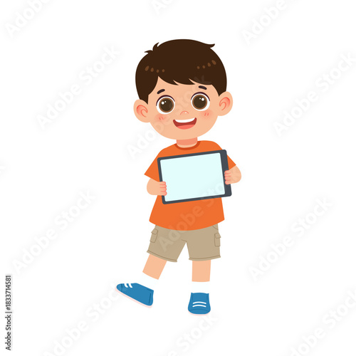 boy smiling while showing tablet screen for digital presentation in classroom
