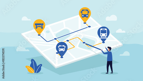 Planning a journey using public transportation with a man pointing to a city map with bus and train route icons.