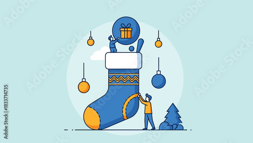 Holiday preparation concept with two small people decorating a giant blue Christmas stocking with a gift box and ornaments.