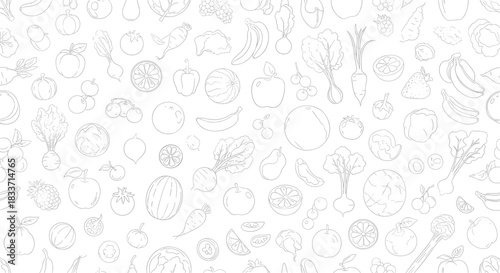 Seamless pattern of outlined fruits and vegetables on a white background, perfect for healthy eating or organic food concepts.