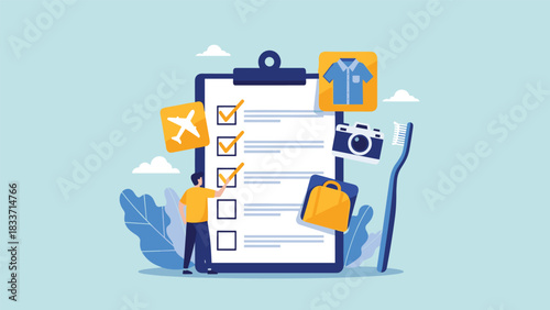 Man checking off items on a large travel checklist, surrounded by icons for luggage, camera, and airplane for vacation planning.