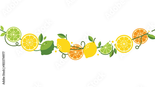 Fresh and zesty citrus fruit garland with lemons, limes, and oranges hanging on a vine in a flat design style.