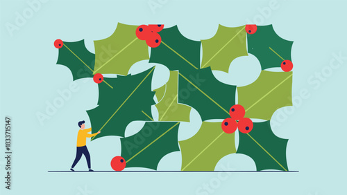 Christmas teamwork and problem-solving concept, showing a person assembling a large puzzle made of festive green holly leaves.