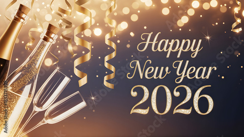 Celebrating new year 2026 with champagne and golden confetti