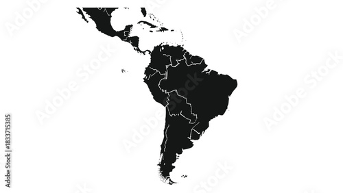 Black silhouette map of Latin America, showing the countries of South and Central America with their borders on a white background.