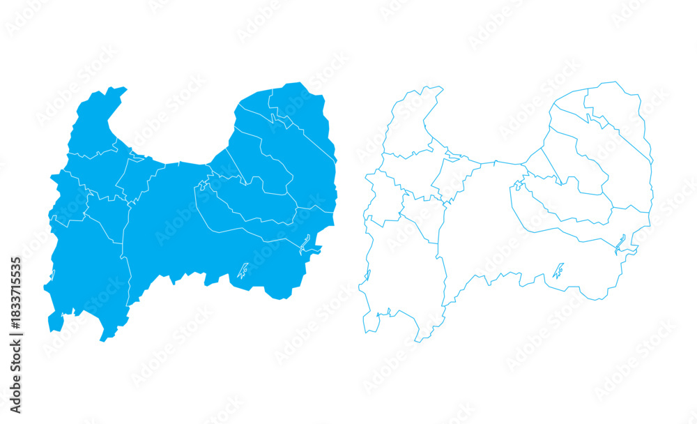 Obraz premium Detailed blue vector map of Toyama prefecture divided into municipalities on clean background