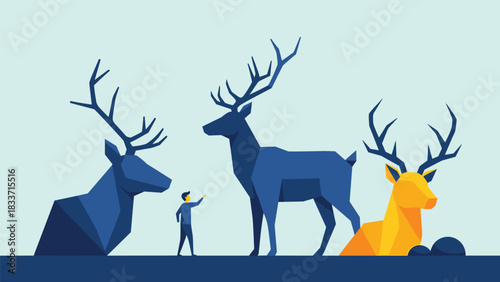 Abstract geometric illustration of a small person standing among giant, majestic deer in a low poly, minimalist style.