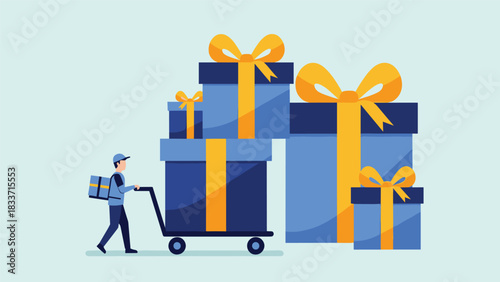 Flat illustration of a delivery person pushing a cart with a large stack of gift boxes, symbolizing holiday shopping and shipping.