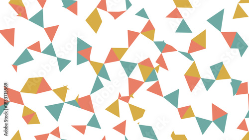 Abstract seamless geometric pattern with scattered triangles and shapes in a contemporary palette of teal, coral, and yellow.