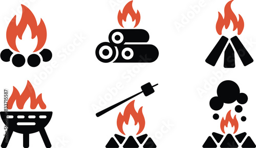Collection of camping elements with bonfire, marshmallow, logs on transparent background