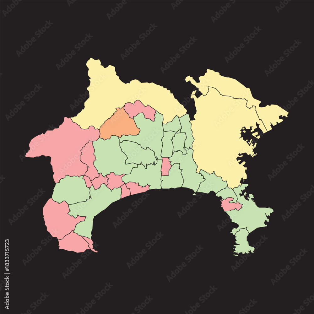 Obraz premium Colorful political vector map of Kanagawa prefecture divided by districts for data visualization