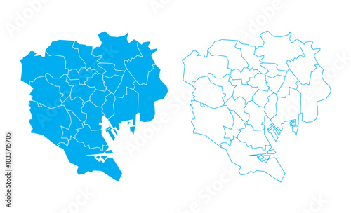 Detailed blue vector map of Tokyo Special Wards divided into 23 districts on white background