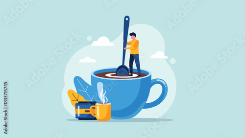 Tiny man standing in a giant cup of coffee and stirring it with a large spoon in a whimsical flat illustration.