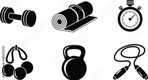 Fitness sport equipment set dumbbells jump rope stopwatch kettlebell isolated icons