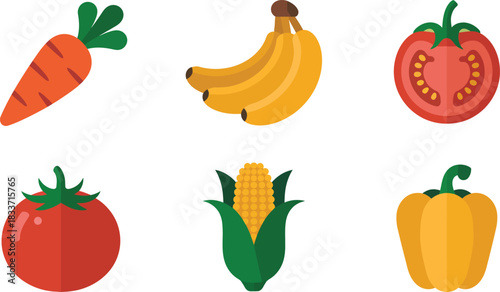 Flat Design Illustration of Carrot Bananas Pepper Tomato Corn and Green Bell Pepper