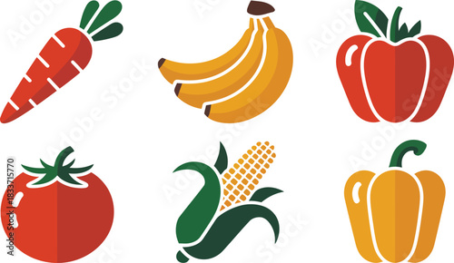 Flat Design Illustration of Carrot Bananas Pepper Tomato Corn and Green Bell Pepper