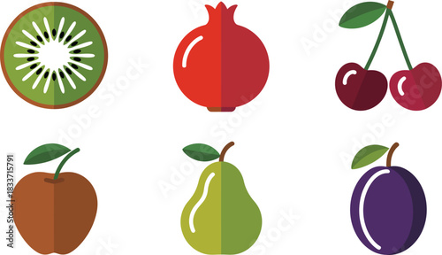 Fruits colorful set kiwi pomegranate cherries apple pear plum food vitamins