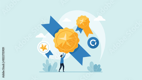 Business achievement and success concept, with a person proudly holding a large gold medal with a star, symbolizing a top award.