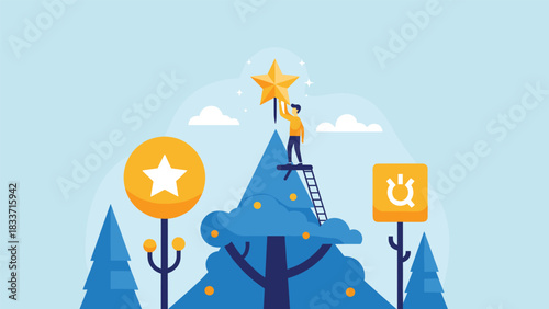 Modern flat design concept of a person on a ladder successfully placing a star on top of a tree, symbolizing achievement.