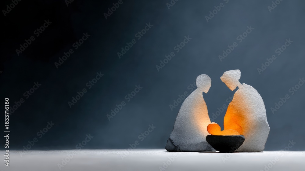 Obraz premium Stylized watercolor figures of a family around a glowing infant in a manger