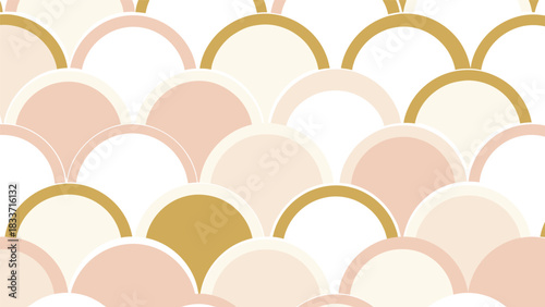 Elegant seamless pattern with a fish scale or mermaid tail design in soft pastel pink, cream, and gold colors.