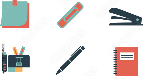 Workspace stationery set with a notebook, pen, pencils, stapler, and sticky note