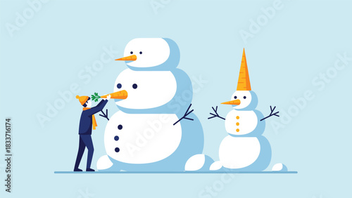 Adorable flat design illustration of a person in winter clothes putting a carrot nose on a large, happy snowman in a snowy scene.