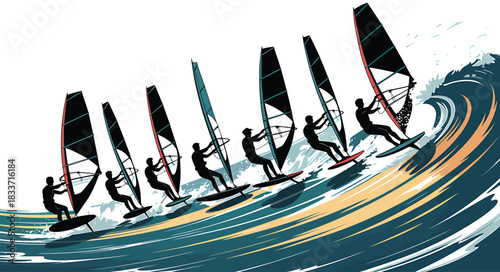 Windsurfers Riding on Large Ocean Waves with Colorful Sails on Transparent Backdrop Art