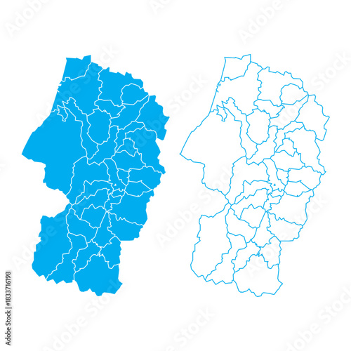 Nagano Prefecture Japan map blue outline and solid with internal administrative borders