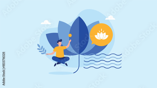 Modern flat design concept of mindfulness and meditation, showing a person levitating in a lotus pose for mental well-being.