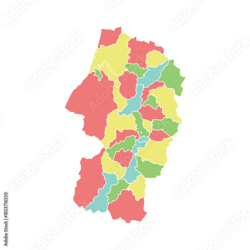 Colorful Nagano Prefecture Japan map showing internal administrative divisions on white