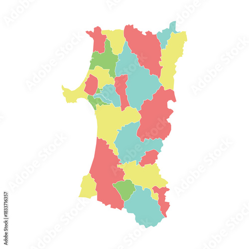 Colorful Akita Prefecture Japan map showing internal administrative divisions on white